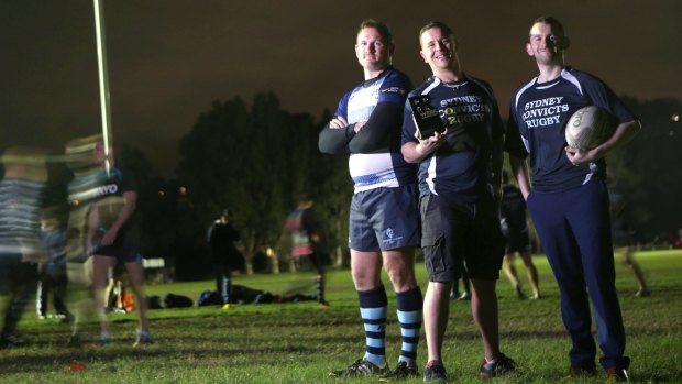 Kicking goals: Sydney Convicts' members (from left), Brennan Bastyovanszky, Erik Denison and Iain Shepherd, have had off-field success in the fight against homophobia in sport.
