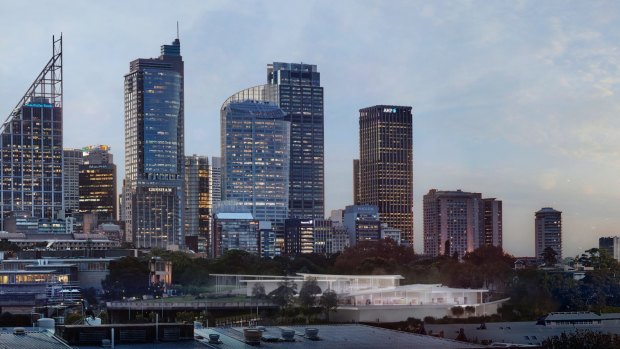 An artist's impression of Sydney Modern Project shows a dusk view from Woolloomooloo. 