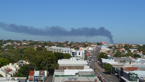 Smoke from the Chullora factory fire in western Sydney, as seen from Camperdown. 