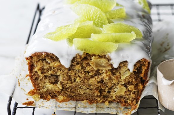 Parsnip, apple and lime loaf cake decorated with 'filleted' lime segments (optional). 