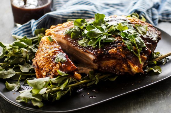 Pork belly with pinot and plum sauce and saltbush. P