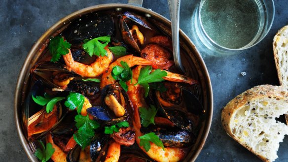 Portuguese mussel, prawn and chorizo cataplana.