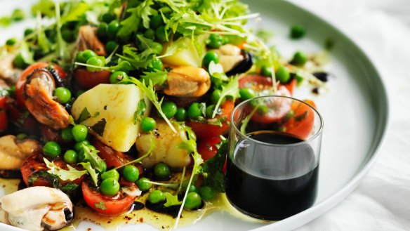 Neil Perry's mussel, cherry tomato, pea and potato salad.