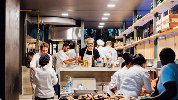 Massimo Bottura and his chefs at Refettorio Gastomotiva in Brazil.