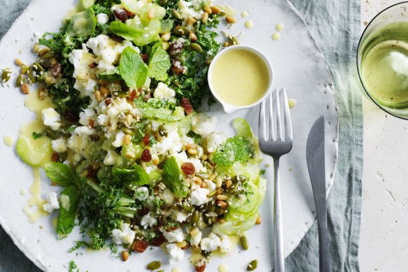 This kale and cauliflower salad is salty, sweet, crunchy and bright.