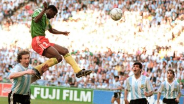 Francois Omam-Biyick heads home the goal that saw Cameroon shock Argentina in 1990.