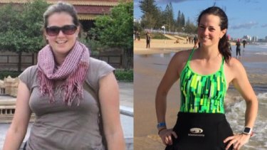 Heather Wilson, left in 2010 when she was drinking, and right in 2015 after adopting a healthier approach to alcohol and competing in triathlons. 