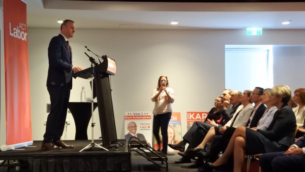 Andrew Barr addresses the ACT Labor faithful at the party's election launch on Saturday, as acting federal Labor leader Tanya Plibersek watches on.