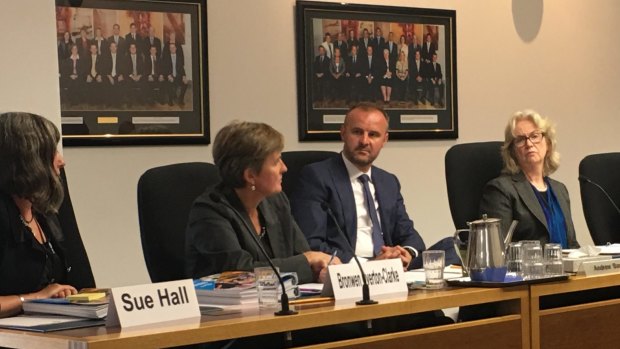 Director of corporate for the chief minister's directorate, Sue Hall, public service commissioner Bronwen Overton-Clarke, ACT Chief Minister Andrew Barr and head of service Kathy Leigh answering questions on Monday about the sudden resignation of Jeff House and his partner.