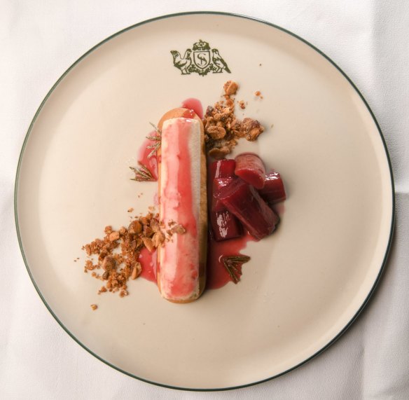 Almond parfait with poached rhubarb.