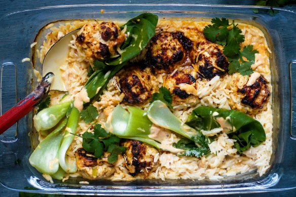 Chicken meatballs with coconut rice, herbs, bok choy and spicy mayo.