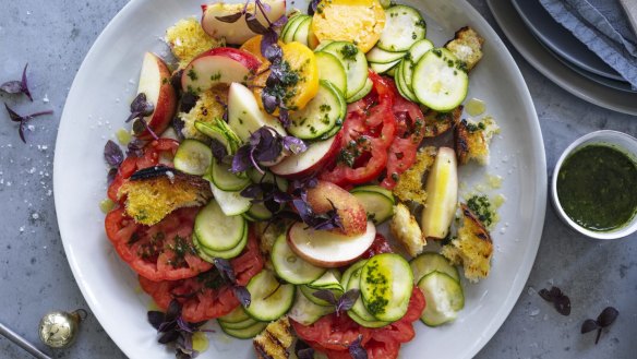 Danielle Alvarez's tomato, nectarine and zucchini panzanella-ish salad.