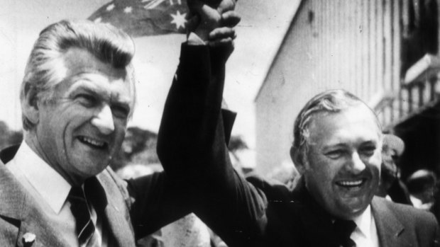 Bob Hawke celebrates the America's Cup win with Alan Bond.
