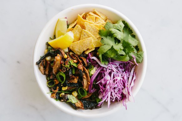 Daily Greens' Fun Guy, Funghi, with roasted mushrooms, shredded cabbage, coriander and corn chips.