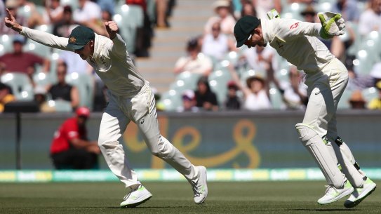 Australia's Steve Smith, left, Tim Paine and Peter Handscomb, right celebrate the fall of the last English wicket at the end of their Ashes cricket test match in Adelaide, Wednesday, Dec. 6, 2017. Australia won by 120 runs. (AP Photo/Rick Rycroft)