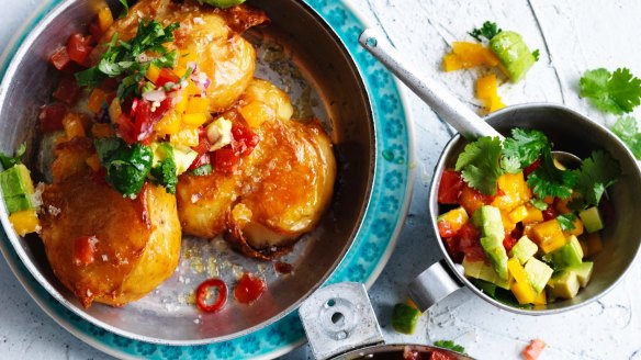 Adam Liaw's squashed potatoes with avocado salsa.