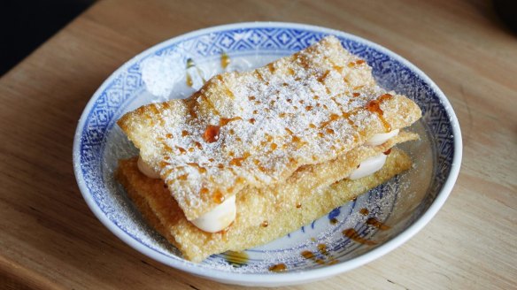 Chinese mille-feuille with wonton skins, Sichuan custard and pineapple.