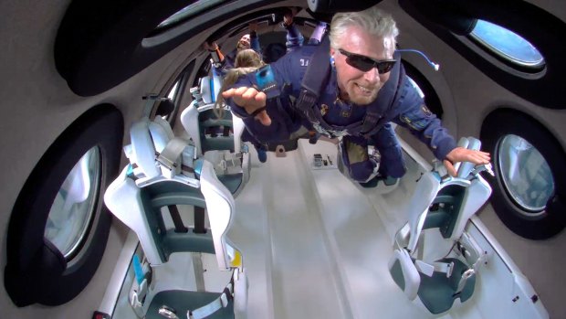 Richard Branson floats on board Unity during the successful Virgin Galactic flight.