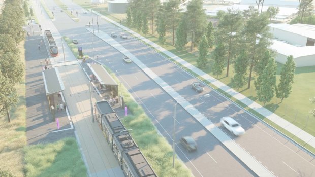 An artist's impression of the planned tram stop at Exhibition Park, which will now be on the side of the road instead of the median strip.