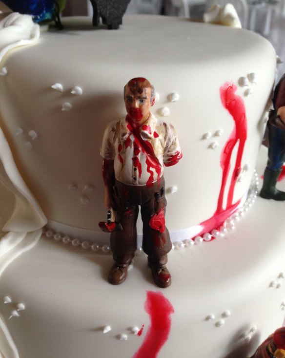 Up-close detail of the bloody zombie rampage from Sweet Connoisseur's cake.