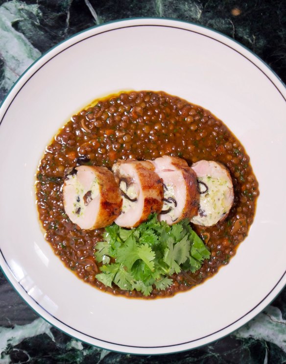 Chicken ballotine and Puy lentils cooked in master stock. 