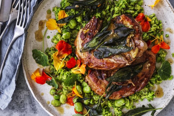 Pork chops with broad beans and bagna cauda.