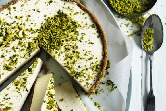 Adam Liaw's honey and cardamom cheesecake with crushed pistachios.