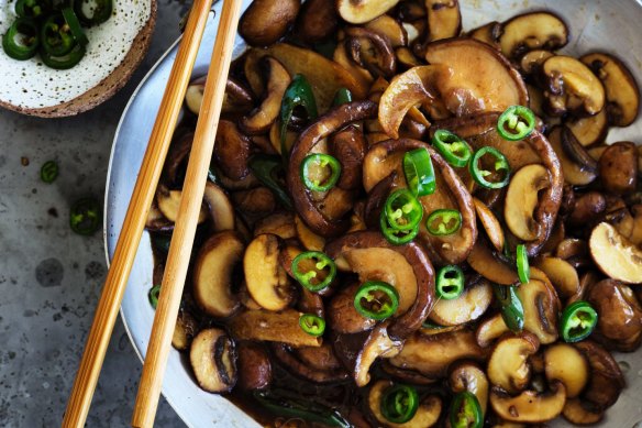 Stir-fried swiss brown and shiitake mushrooms.