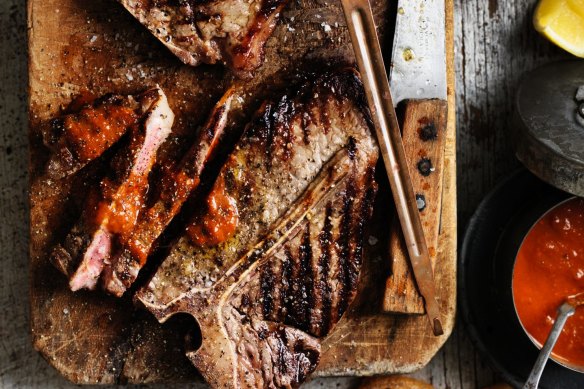 T-bone steak with barbecue sauce by Neil Perry. Images by William Meppem, please credit.