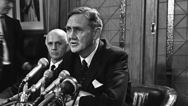 1968: New prime minister John Gorton addresses the media after his party-room victory.