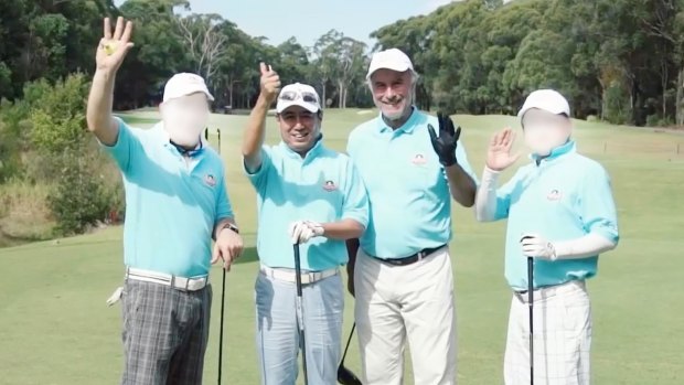 Chinese-Australian media tycoon Tommy Jiang, second from left, and member for Bennelong John Alexander, second from right, at the 2016 NSW Harmony Cup Golf Tournament.