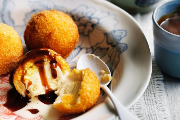 Fried ice-cream with caramel sauce.