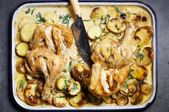 One tray creamy potato, mustard and tarragon roast chicken. 