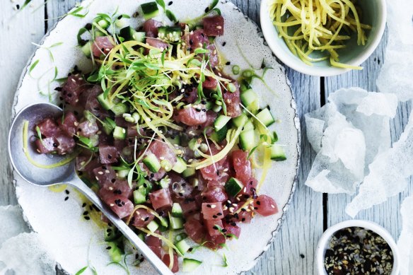 Rare treat: Yellowfin tuna tartare with cucumber, salted lemon and coriander.