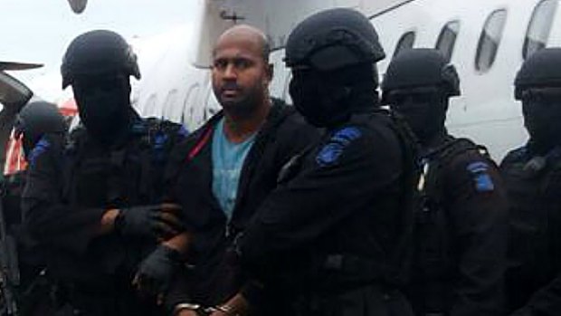 Executions delayed: Myuran Sukumaran arrives at Cilacap airport en route to Nusakambangan.