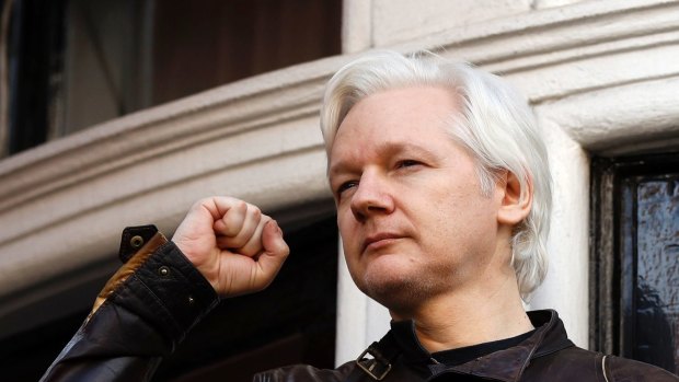 Julian Assange outside the Ecuadorian embassy in London in May.