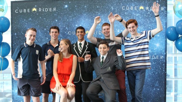 Lift off! (from left) Mason Mangovski and Adam Vincer (West Wallsend High); Solange Cunin, Cuberider CEO; Nicholas Perera and John Sakoutis, Trinity Grammar School; Liam Bailey and Andrew Malysiak, Oakhill College.