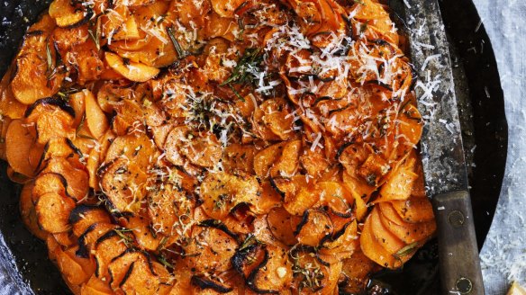 Sweet potato, garlic and rosemary gratin.