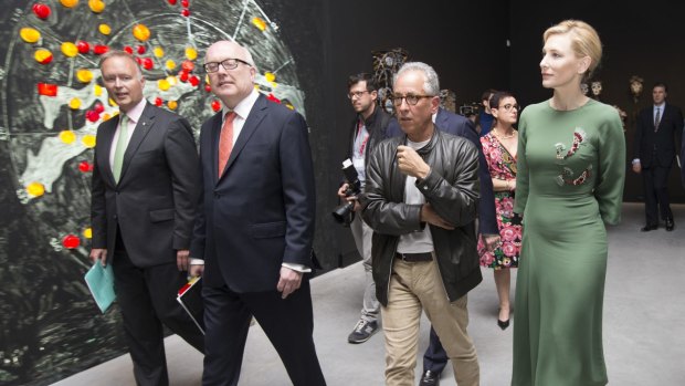 Australia Council chair Rupert Myer and federal Arts Minister George Brandis view the new Australian Pavilion in Venice with Simon Mordant and Cate Blanchett.