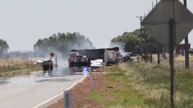 Emergency services respond to the fatal truck crash on Irrigation Way on Tuesday afternoon.