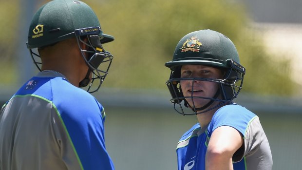 Australia captain Steve Smith and Usman Khawaja during a nets session at The Gabba.