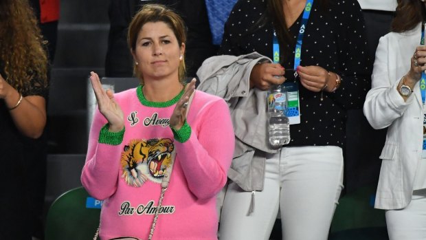 Mirka Federer watches the semi final match between her husband Roger Federer and Stan Wawrinka. 