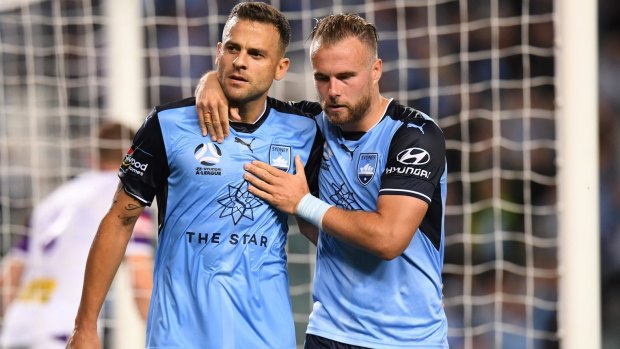 Clinical: Bobo (left) celebrates a goal with Jordy Buijs.