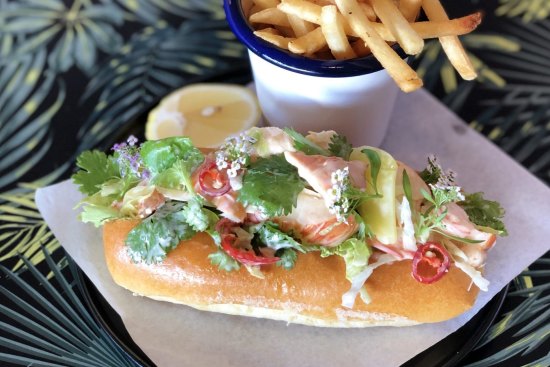 Lobster roll with fries dusted with Sichuan pepper and salt.