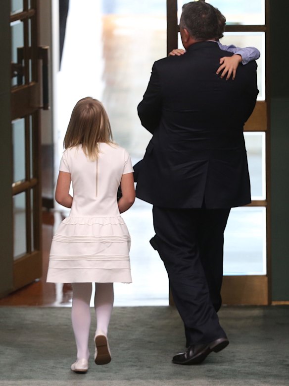 Former treasurer Joe Hockey leaves the House after his valedictory speech with son Iggy and daughter Adelaide.