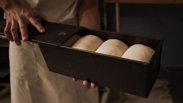 Quentin Berthonneau bakes his shokupan in a tin with a sliding lid.