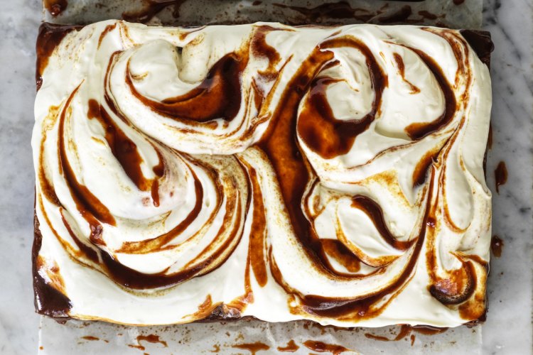 Banana tray cake with cream cheese icing and miso caramel.