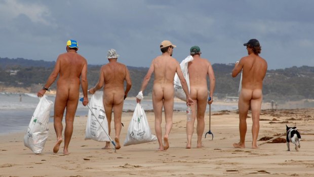 Nudists taking part in "Clean up Australia Day". Being nude on the beach remains illegal in Queensland.