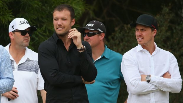 Geelong players Mitch Clark and Mitch Duncan (right) at the golf in 2014.