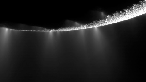 The icy plumes of Saturn's moon Enceladus.